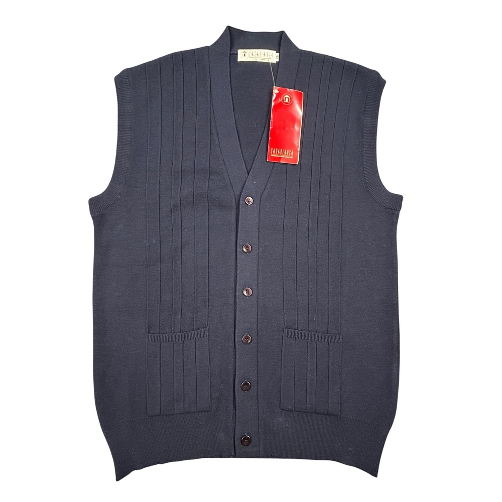 VTG Casablanca V Neck Ribbed Knit Wool Sweater Vest Mens Sz 42 Navy Comfortcore